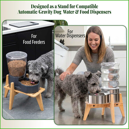 Dog Bowl Stand (14-inch High) - Ideal for Large Breeds, Use to Elevate, Raise Pet Dishes, Water Fountains and Slow Feeders - Adjustable Sideways, Bamboo - (Bowls not Included)