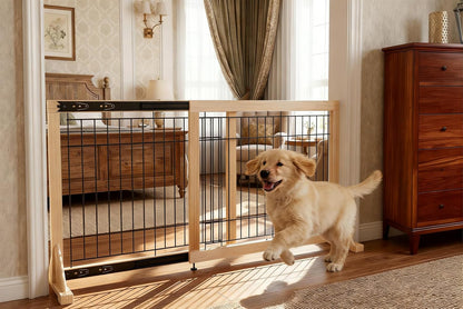 Extra Wide Freestanding Dog Gate, Adjustable Width 31.5"–61", 19.7" Tall Indoor Pet Gate for Kitchen, Living Room & Stairs, Wooden Metal Frame No-Drill Pet Barrier