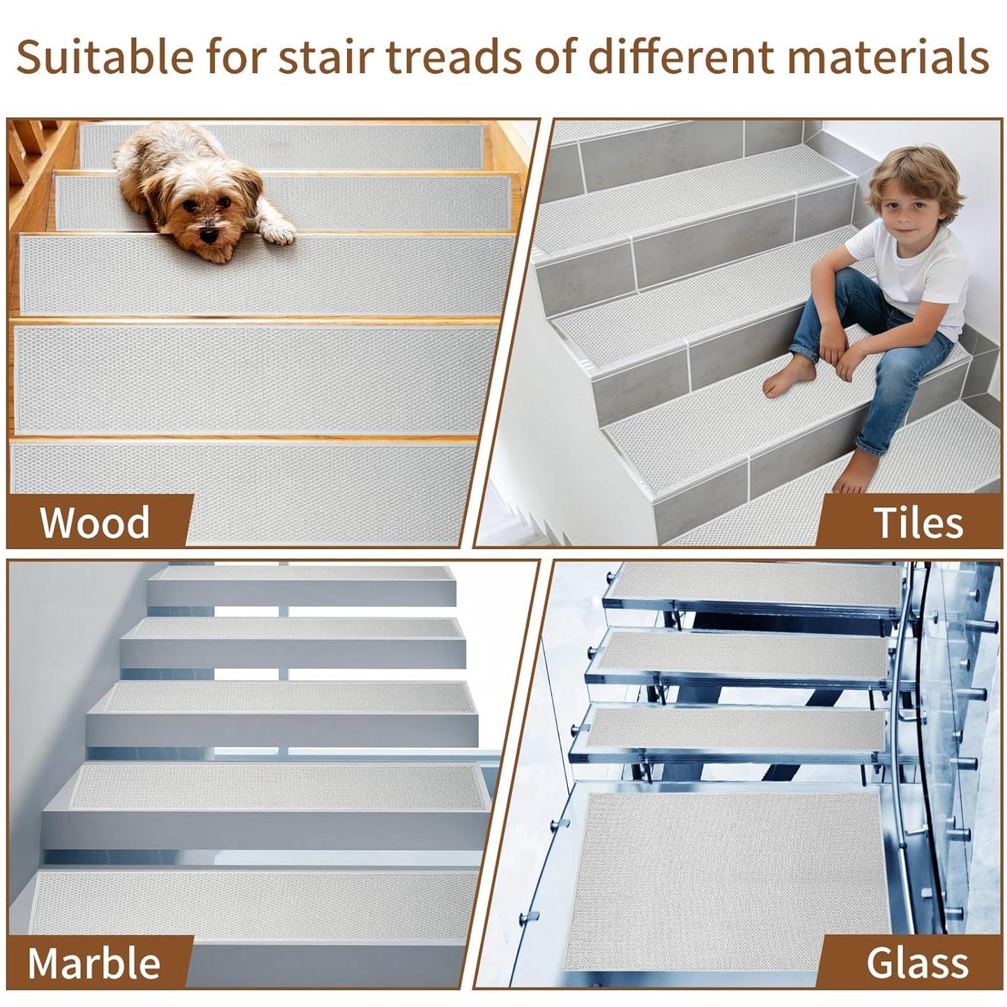 Carpet Stairs Runner for Wood Stairs, 8"x 30",Reusable Washable Self-Stick Stair Treads, for Indoor Steps, Non Slip for Kids Elders and Pets Stair Mats Residue Free, Grey 15-Pack