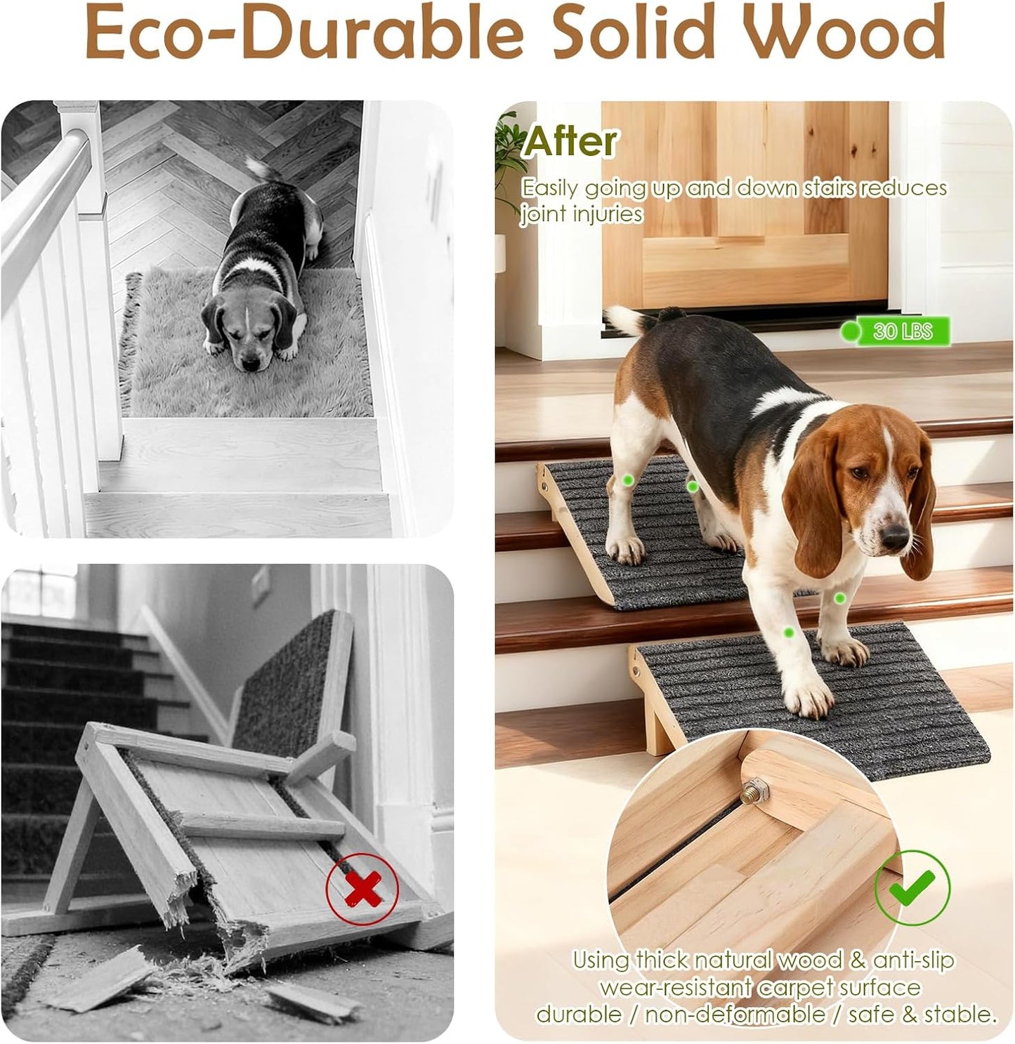 2-Pack Foldable Dog Ramp for Stairs – Lightweight Safe Wooden Pet Steps with Low-Angled Design & Anti-Slip Carpet Surface, Portable Dog Stairs to Assist Elderly/Injured Small Medium Large Dogs