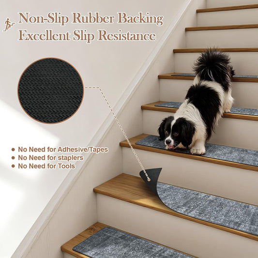 OJIA Vintage Stair Treads Non-Slip Stair Runner for Wooden Steps Indoor 15PCS 30"x8" Carpet Stair Treads Stair Mats Staircase Step Treads for Kids, Elders and Dogs, Stair Covers, Dark Gray