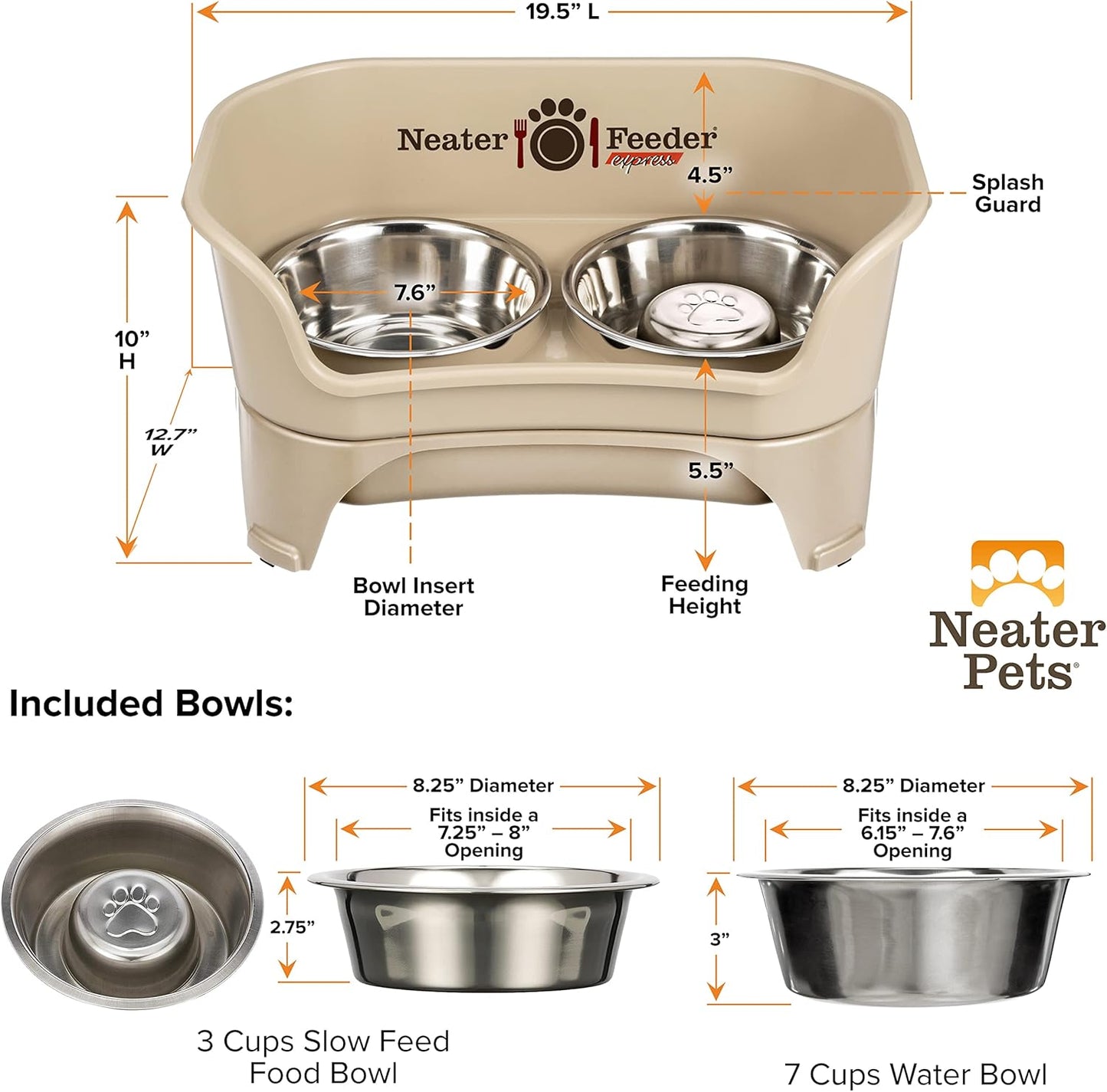 Neater Feeder Express Mess Proof Dog Bowls Elevated for Small Breeds under 15 Lb, Made in USA, No Spill Raised Dog Food Bowl Stand, Stainless Steel Food and Water Bowl Set, Feeding Station, Cappuccino