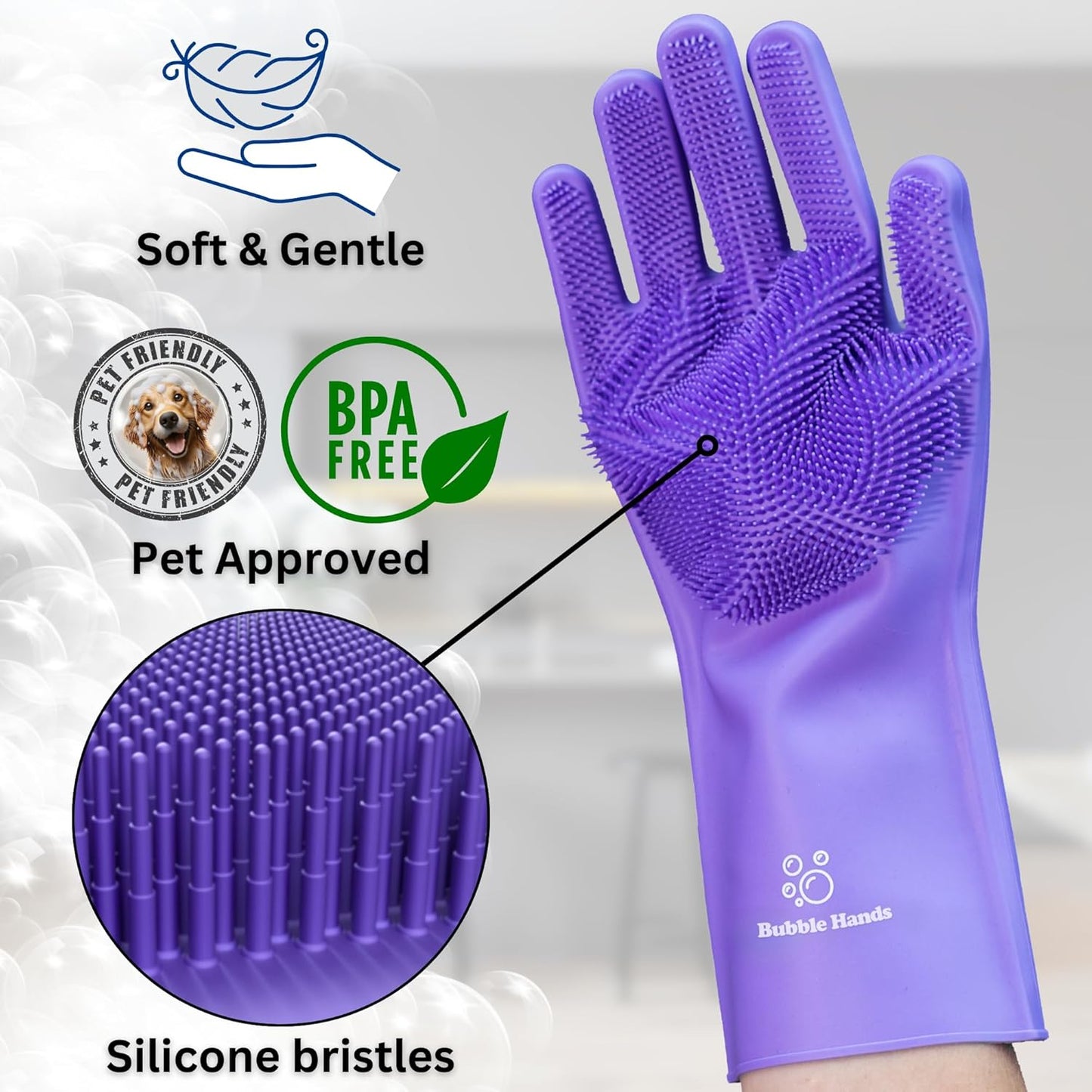 Dog Washing Gloves with Bristle Scrubbers, Reusable Silicone Gloves Ideal for Pet Bathing, Massaging & Grooming (Gray)