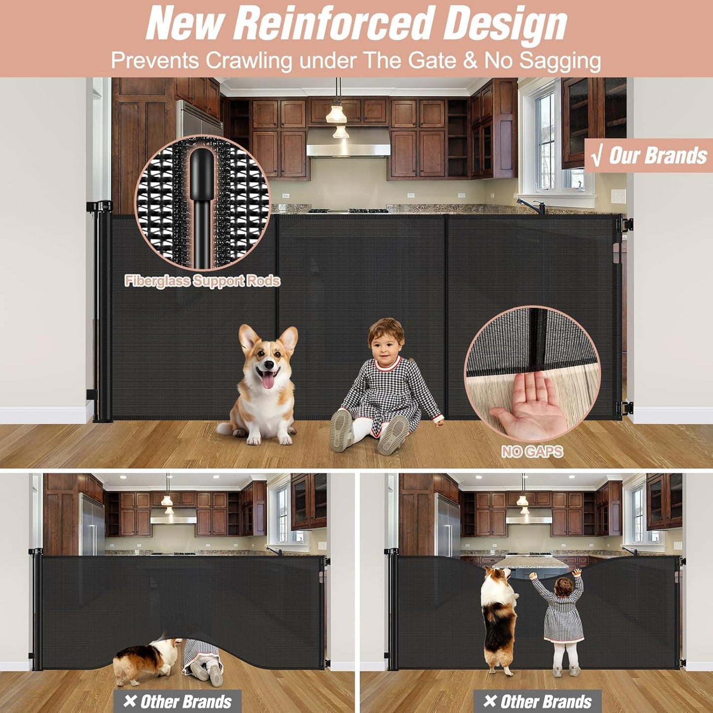 Reinforced 42" Tall Retractable Dog Gate, 155" Extra Long Retractable Baby Gate with Support Rods - Prevent Crawling Under, Indoor/Outdoor Retractable Gate Extra Tall Baby Gate Retractable Fence/Black