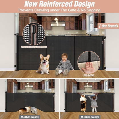 Reinforced 42" Tall Retractable Dog Gate, 155" Extra Long Retractable Baby Gate with Support Rods - Prevent Crawling Under, Indoor/Outdoor Retractable Gate Extra Tall Baby Gate Retractable Fence/Black
