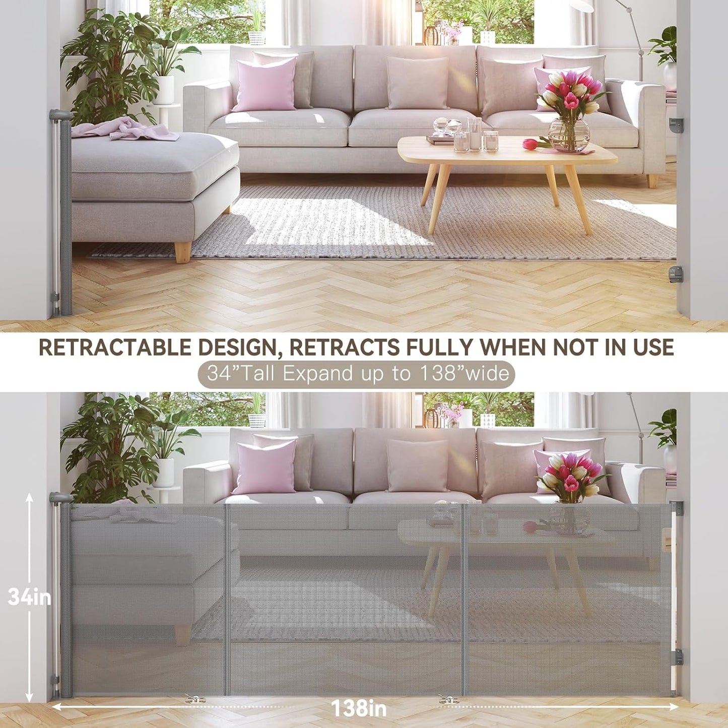 Uamector 138-Inch Extra Wide Retractable Baby Gate & Dog Gate, Reinforced Mesh Safety Gate Adjustable for Large Openings - Stairs, Doorways, Hallways - Indoor/Outdoor Use