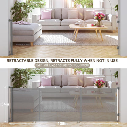 Uamector 138-Inch Extra Wide Retractable Baby Gate & Dog Gate, Reinforced Mesh Safety Gate Adjustable for Large Openings - Stairs, Doorways, Hallways - Indoor/Outdoor Use