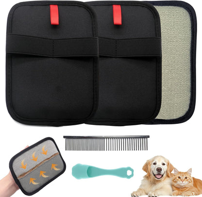 2Pcs Pet Hair Removal Glove for Cats & Dogs, with 2Pcs Toothbrush, Upgraded Five-Finger Electrostatic Pet Hair Gloves, Washable Reusable Pet Hair Remover Tool for Clothing, Couch, Carpet, Car Seat