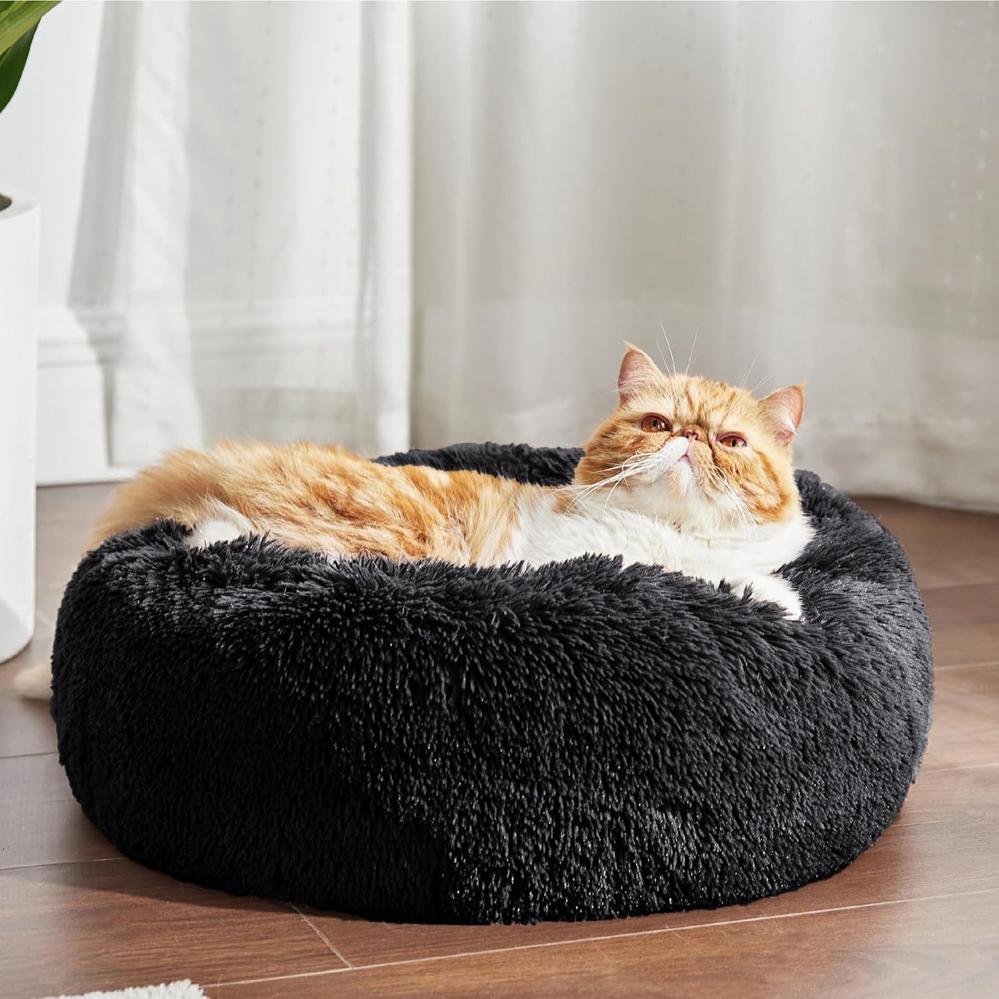 Bedsure Calming Dog Bed Medium Size Dog - Donut Washable Medium Pet Bed, 30 inches Anti-Slip Round Fluffy Plush Faux Fur Cat Bed, Fits up to 45 lbs Pets, Camel