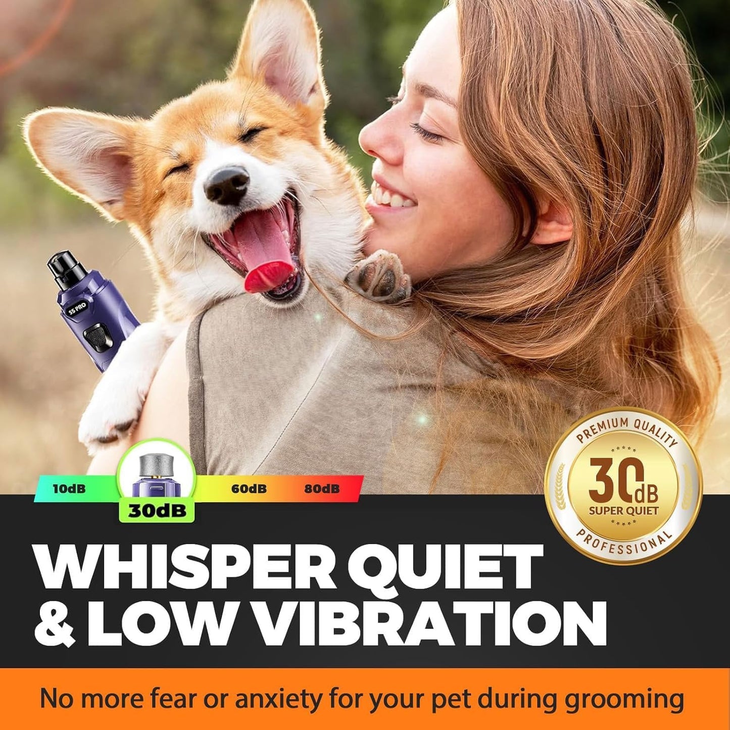 Whisper Quiet Dog Nail Grinder with 4 LED Lights, Safe & Stress-Free for Sensitive Dogs Cats of All Breeds & Sizes, 3 Grinding Bits, 3-Speed, Pet Nail Trimmers, Rechargeable Painless Grooming Kit