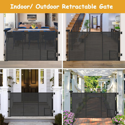 Reinforced 60” Wide Retractable Dog Gate with Cat Door Gates for Pets with Reinforced Strips 33” Tall Mesh Baby Gate Retractable Pet Gates for Dogs Indoor with Door Cats Can in and Out Freely, Gray