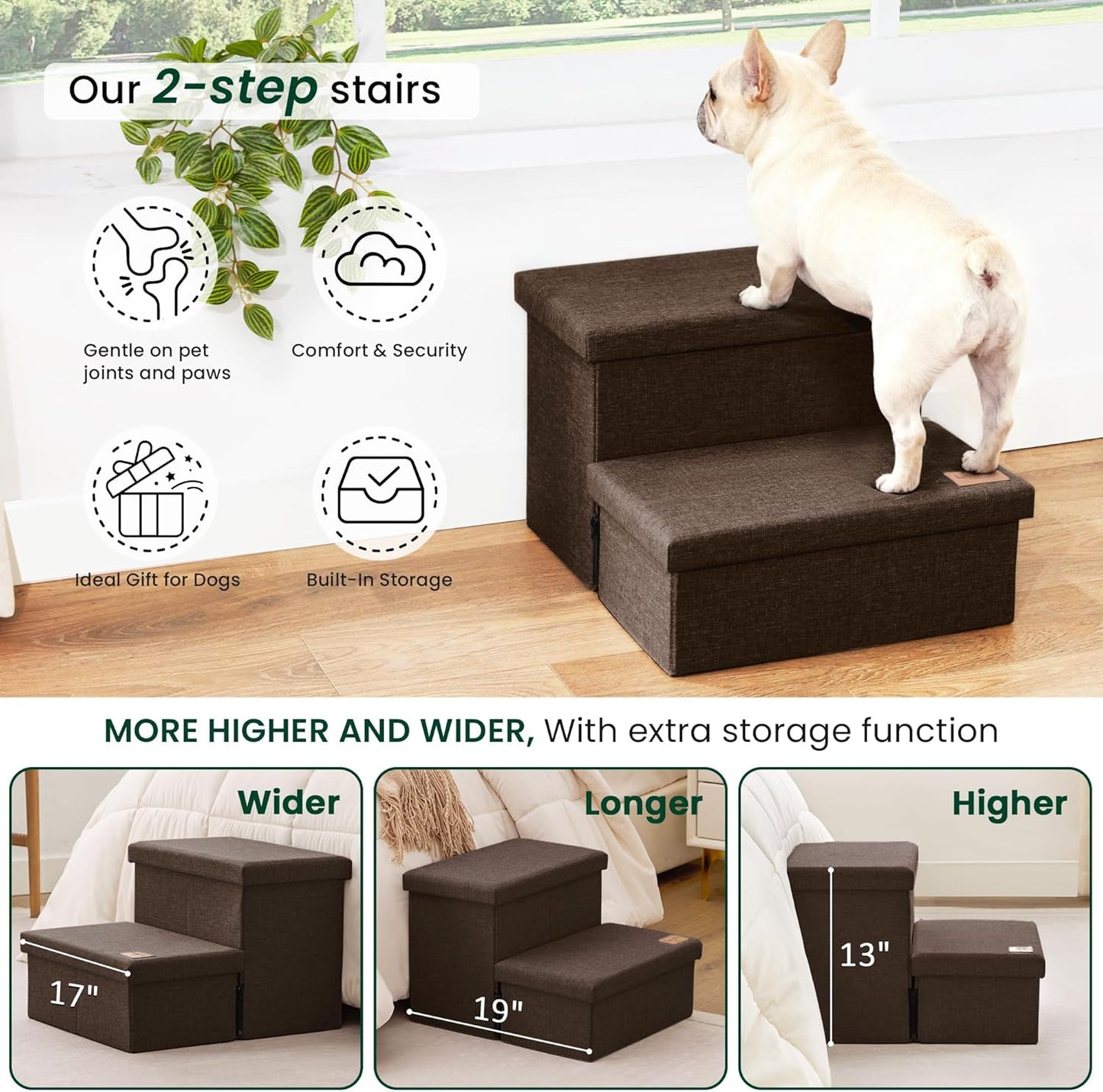 Love's cabin Dog Stairs with Storage 13" H, Foldable Pet Stairs for Small Medium or Large Dogs, Cat Puppy Steps Ramp with Zip up to 150 lbs, Solid Grey, 2 Steps