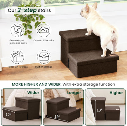 Love's cabin Dog Stairs with Storage 13" H, Foldable Pet Stairs for Small Medium or Large Dogs, Cat Puppy Steps Ramp with Zip up to 150 lbs, Solid Grey, 2 Steps