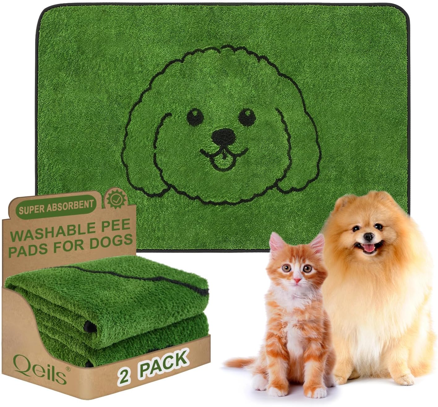 Qeils Reusable Puppy Pads, Washable Pee Pads for Dogs 2 Pack Durable Absorbent Leakproof Dog Training Pads for Home or Travel, Non-Slip Wee Wee Pads Potty Pads 18"x24"