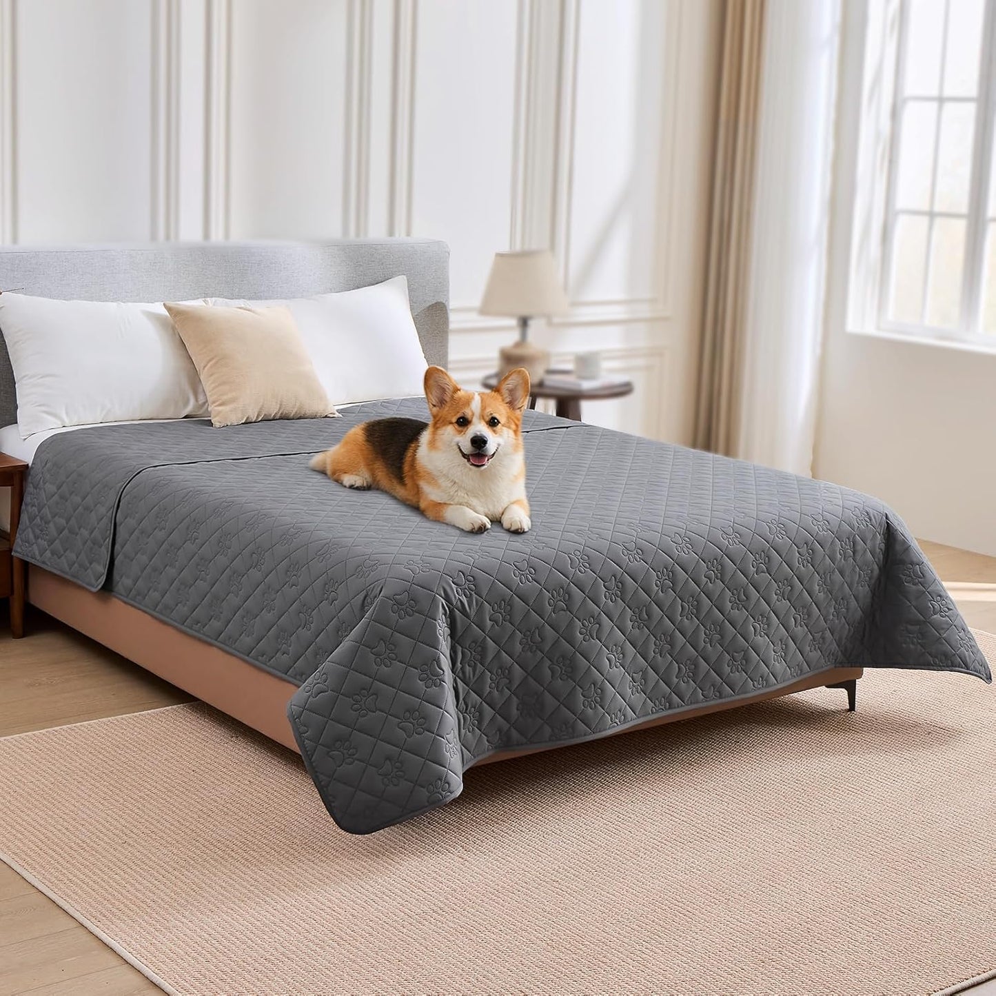 PAWFINITY Waterproof Couch Cover for Dogs, Pee Proof Pet Blanket, Paw Print Quilted, Pet Hair Resistant, Scratch-Resistant, Washable Furniture Protector for 2-3 Seat Sofa and Bed, 30x70 Inch, Grey