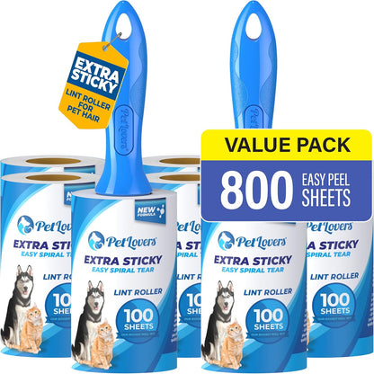 PetLovers Extra Sticky Lint Roller Mega Value Set 600 Sheets for Pet Hair Removal, Dog and Cat Lint Remover 6 Pack