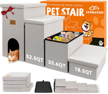 Zerbuger Wider Dog Ramp for High Bed with Storage 18" H, Foldable Dog Stairs for Small Medium Large Older Senior Animal, Sturdy Dog Step for Climbing Bed or Couch, Arthritis-Friendly (Gray, No Condo)