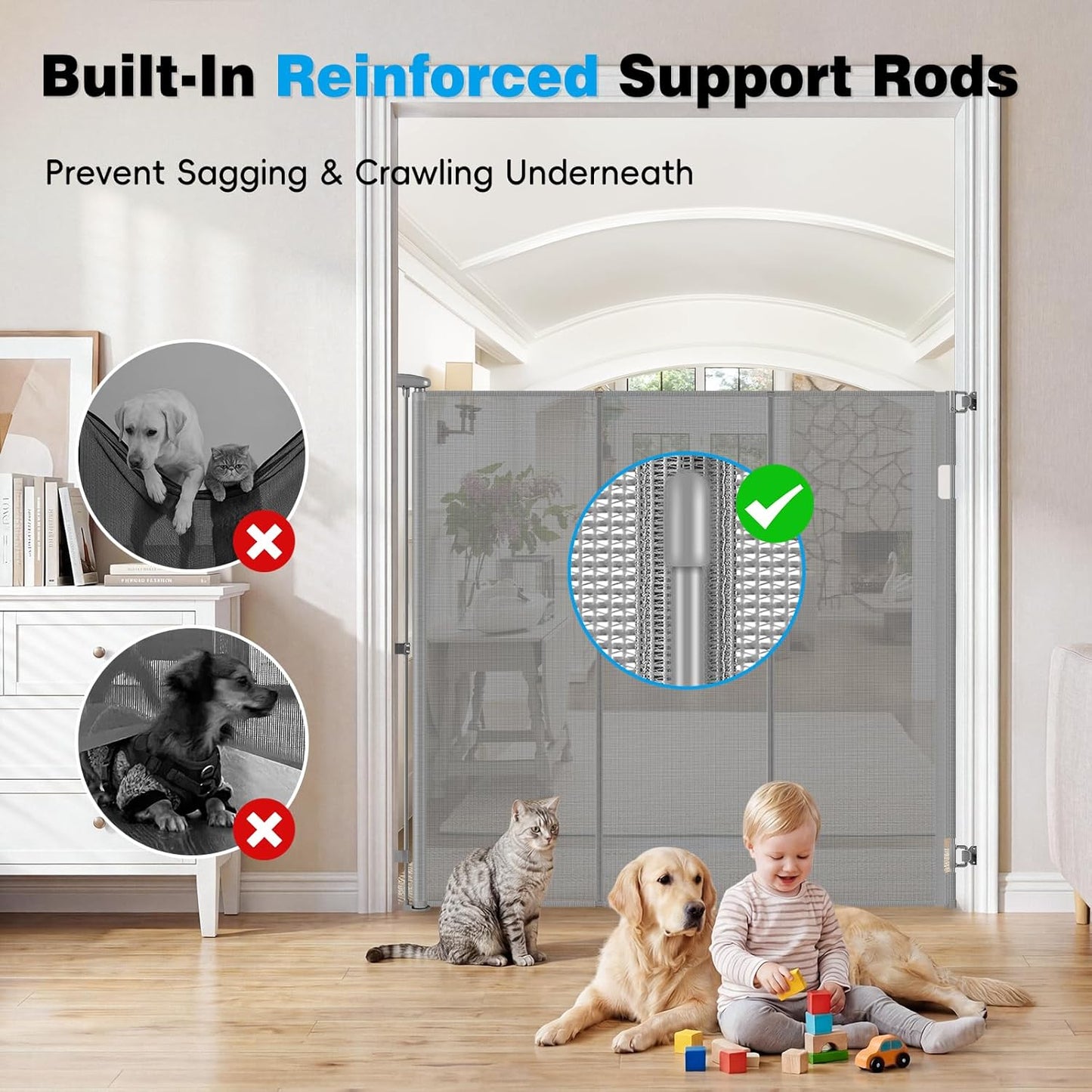 Reinforced 52" Extra Tall Dog Gate for Doorway, Jump-Resistant & Prevent Crawling Underneath Retractable Dog Gates Indoor, 0-55" W Retractable Baby Gate for Doorway, Safety Extra Tall Cat Gate, White