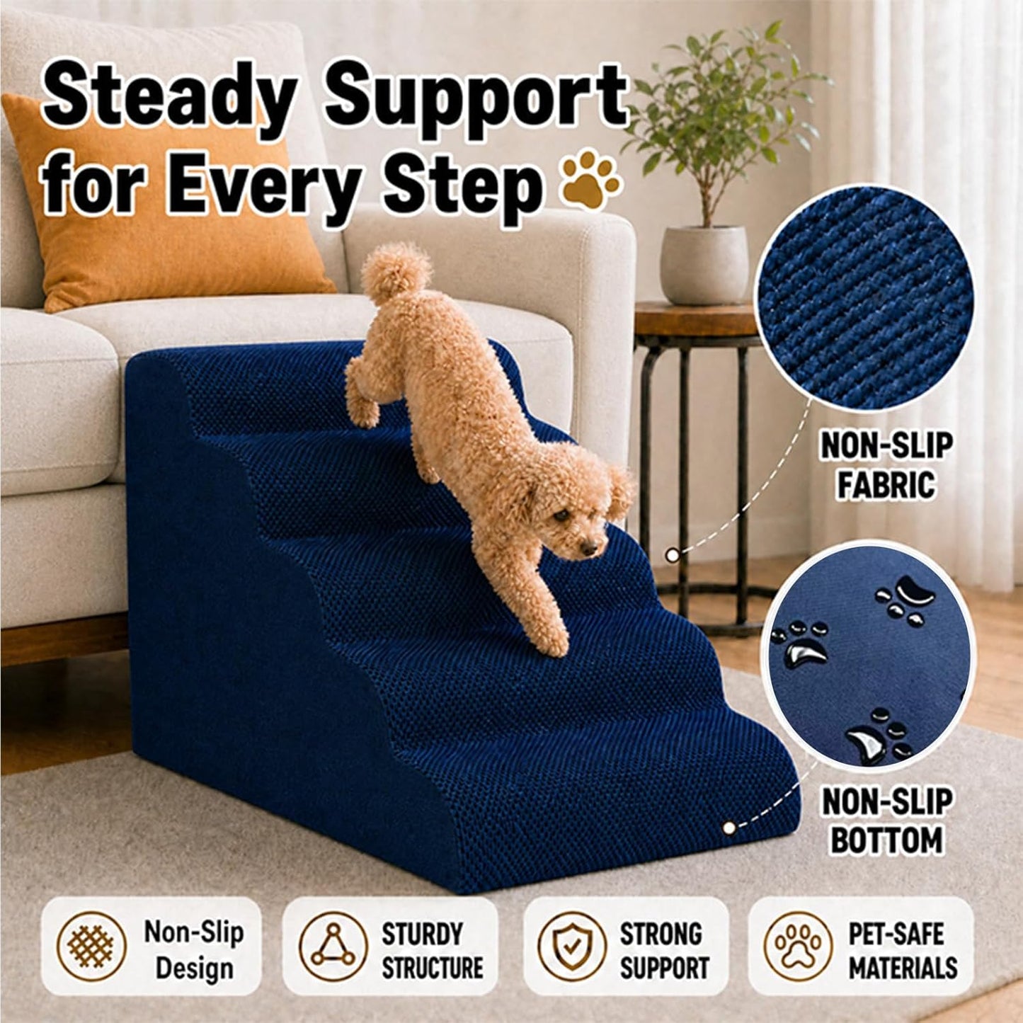 Dog Ramp for Bed,Pet Ramp for High Bed,Dog Stairs for Small & Medium Dogs,Curved Non-Slip Ladder for Older Dogs & Cats,24.4" H,5-Step (Gray)