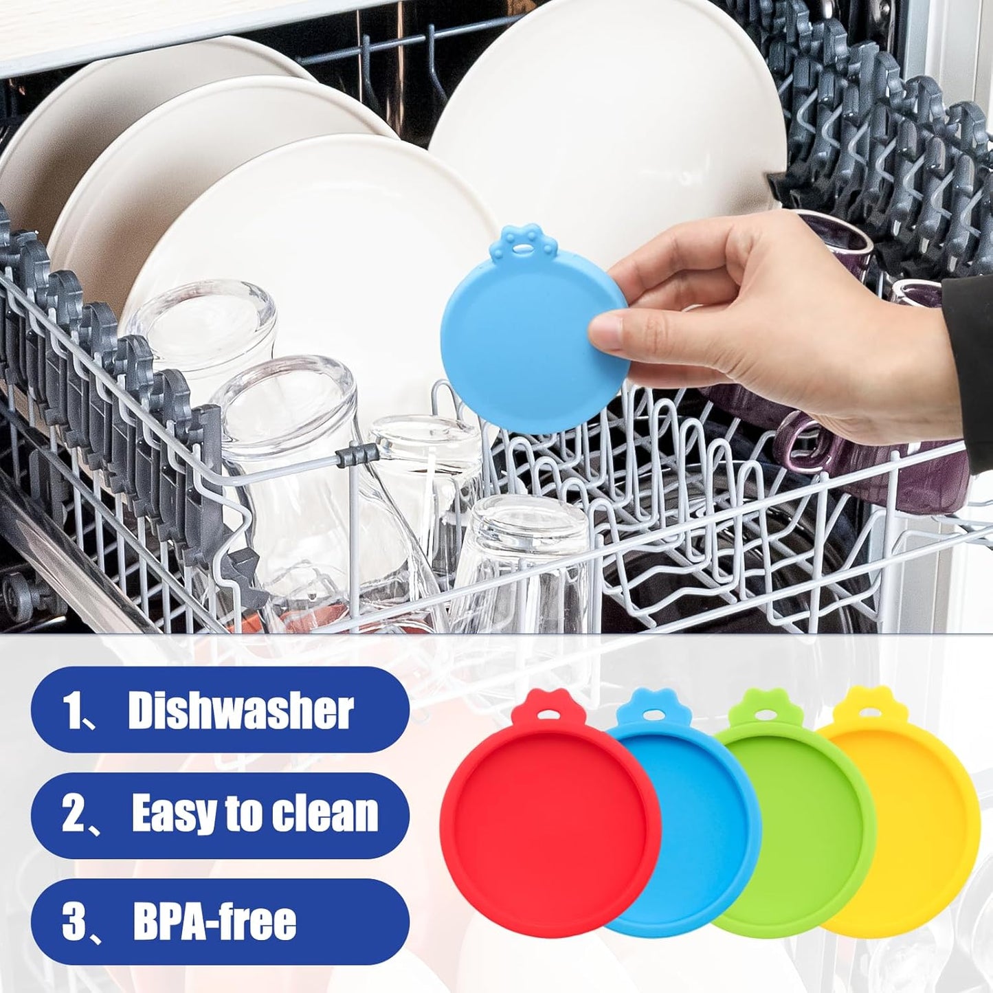PINE & LINEN 4 Pcs 2.5inch Durable Pet Can Lids, Silicone Small Pet Can Covers Waterproof Cat Food Cans Lids for 3 oz Cat Food Cans（Yellow+Red+Pink+Blue）
