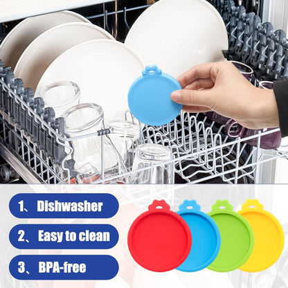 PINE & LINEN 4 Pcs 2.5inch Durable Pet Can Lids, Silicone Small Pet Can Covers Waterproof Cat Food Cans Lids for 3 oz Cat Food Cans（Yellow+Red+Pink+Blue）