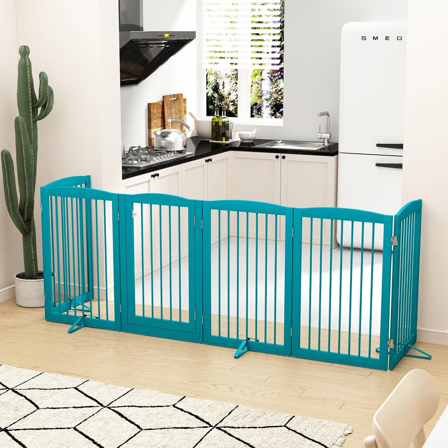 PUPETPO Freestanding Dog Gate with Door, Pet Gate for Stairs, 80 inch Wide Pet Barrier Indoor, Dog Fences Indoor, Support Feet Included, 4 Panels, 24" Tall, Dark Brown