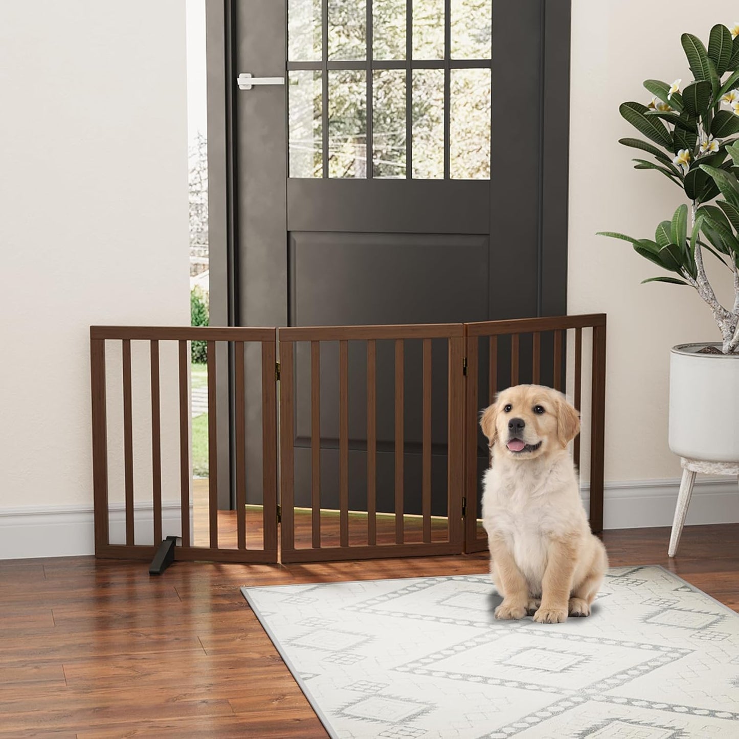 Freestanding Foldable Dog Gate - 4 Panel Room Divider with Metal Support Feet (Black)