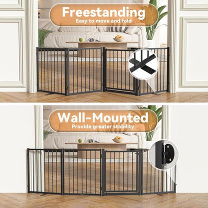 SNUOWU Full Metal Freestanding Dog Gate with Door, 32''Height Foldable Pet Dog Fence for Indoor & Outdoor, 4 Panels Extra Wide Free Standing TallDog Gates for Doorways,House,Stairs,Porch,Deck,Yard