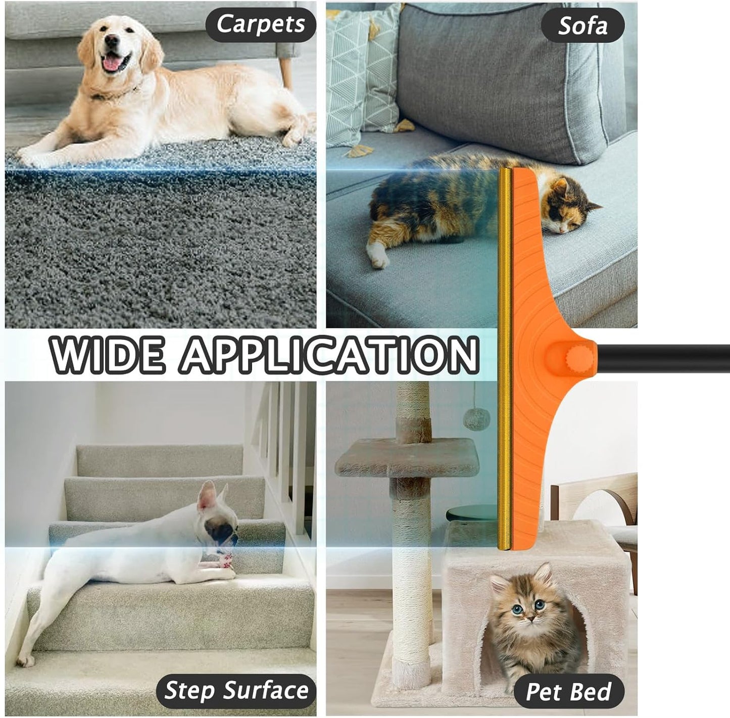 Carpet Rake for Pet Hair Removal - Reusable Pet Hair Remover, 60” Adjustable Long Handle Cat Dog Carpet Rake Scraper with Patented Design, Dog Hair Rake Brush for Rugs, Mats