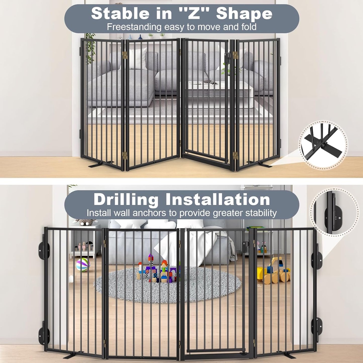 Metal Freestanding Dog Gates with Door for Outdoor Indoor,80'' Extra Wide 32'' Tall Free Standing Dog Gate for Doorways,Large Openings,Deck,Yard,Foldable Safety Pet Fence(Black,4 Panels)