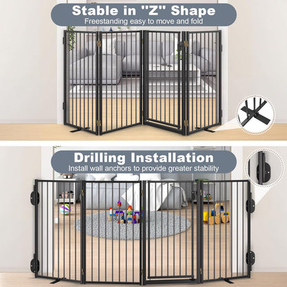 Metal Freestanding Dog Gates with Door for Outdoor Indoor,80'' Extra Wide 32'' Tall Free Standing Dog Gate for Doorways,Large Openings,Deck,Yard,Foldable Safety Pet Fence(Black,4 Panels)