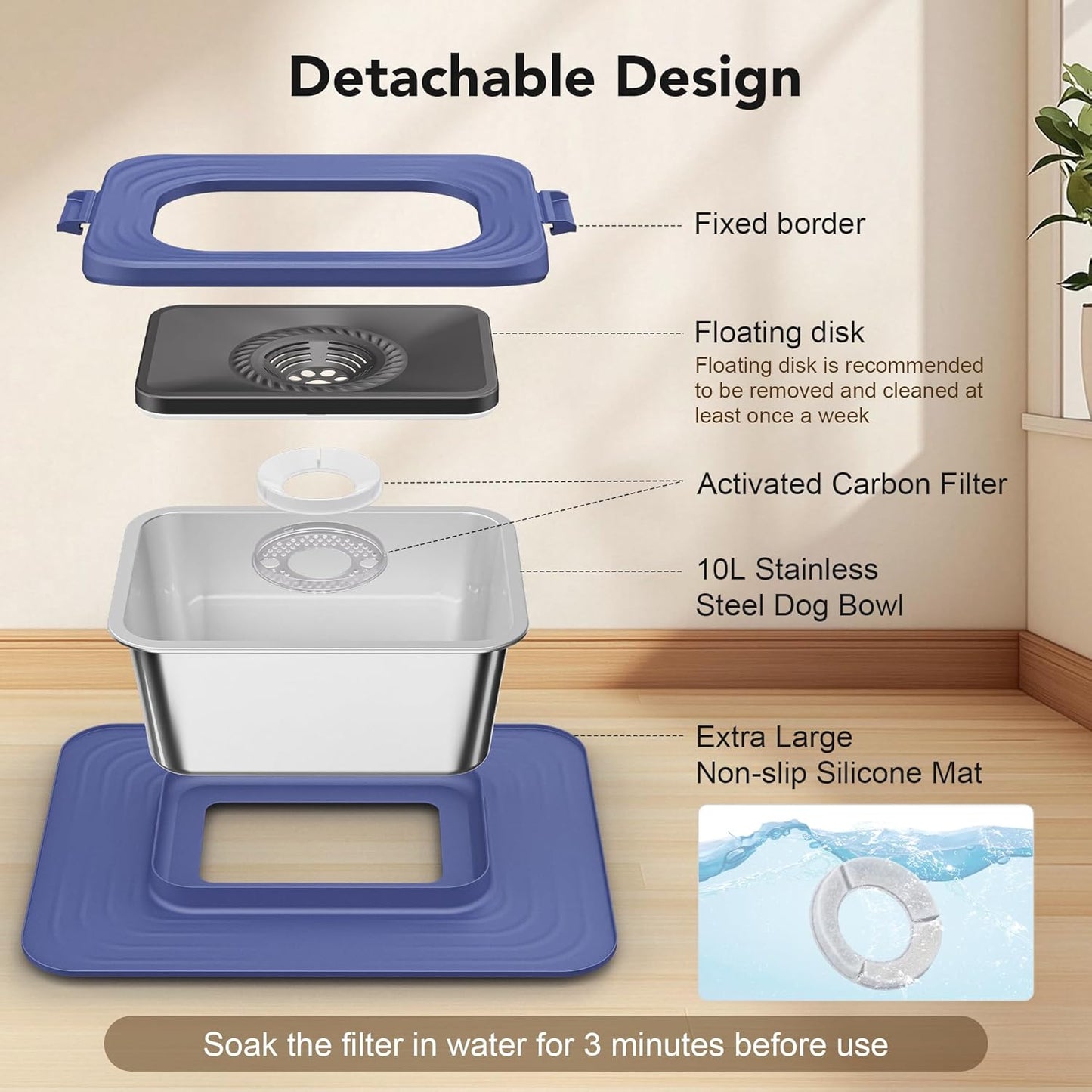 Decflow 10L Stainless Steel Dog Water Bowl, No Spill Anti-Splash Dog Bowls with XXL Silicone Mat, Spill-Proof Slow Feeder for Messy Drinkers, Heavy Duty Pet Bowls for Indoor/Outdoor Use Grey