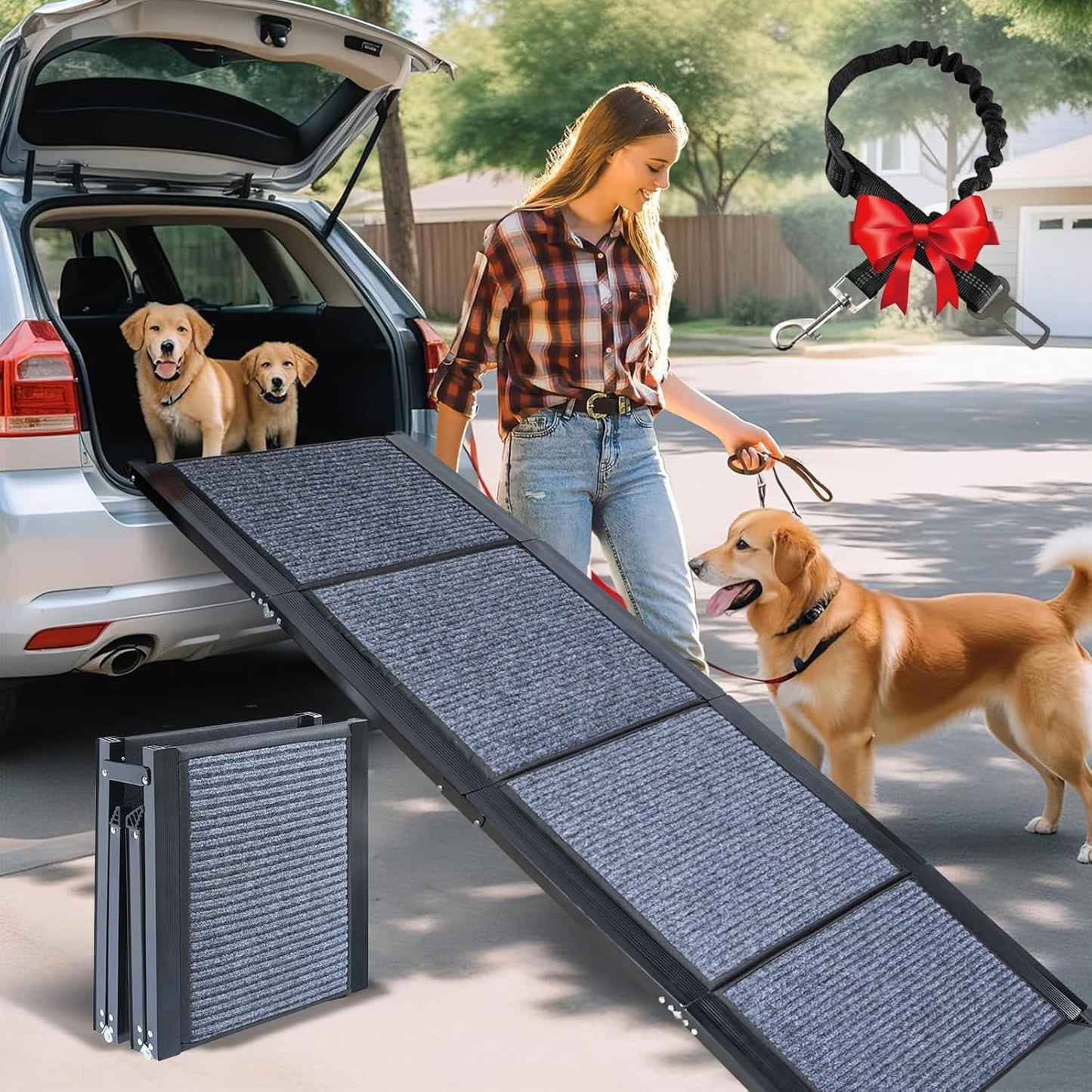 63" Long Dog Ramp for Car, Foldable Dog Ramps for Large Pet, Portable Dogs Ramp for Truck, 17" Wide Pet Car with Non-Slip Rug Surface, Pet Ramp for Large Dogs Up to 200LBS for Car, SUV & Truck-L