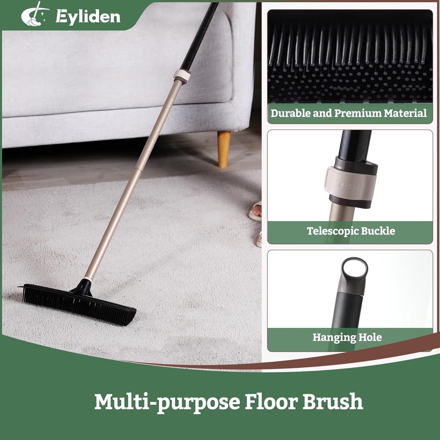 Eyliden Rubber Carpet Rake for Pet Hair, 2-in-1 Push Broom with Squeegee, 54" Telescopic Handle, Fur Water Remover Brush for Carpet, Rug, Hardwood, Tile Floors