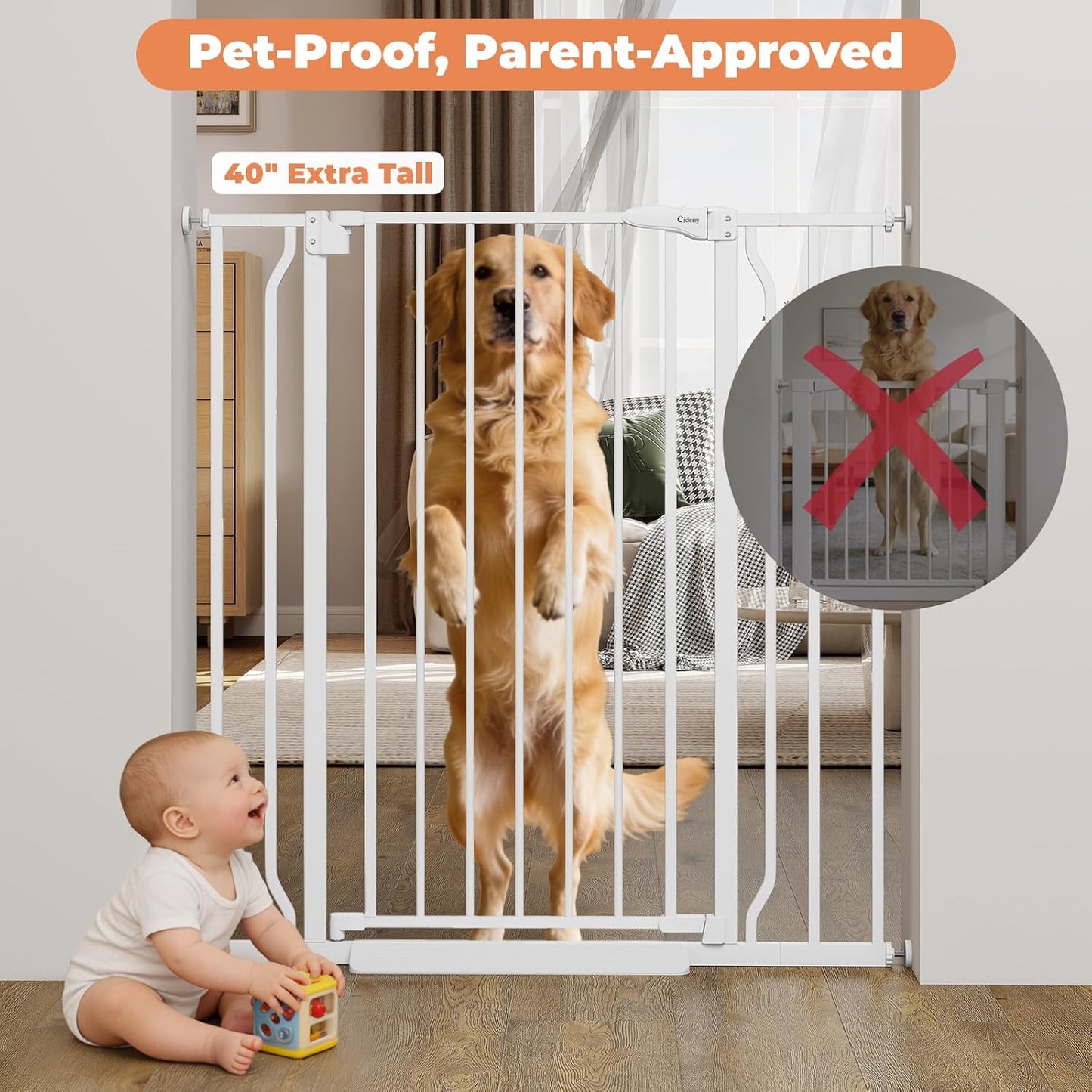 Baby Gate No Drilling, 29"-40" Auto Close Dog Gate Indoor for Doorways & Stairs, Pressure Mounted Adjustable Pet Gate, Easy Walk Through Child Gate for Children & Pets Stroller Friendly, White