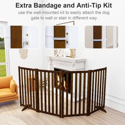 36" Height Extra Tall Freestanding Pet Gate, Solid Wood Folding Safety Fence Wooden Dog Gate with 2 PCs Support Feet Ideal for Stairs, Doorways, Halls, Kitchens, Heavy Duty Gates, 3 Panels, Oak