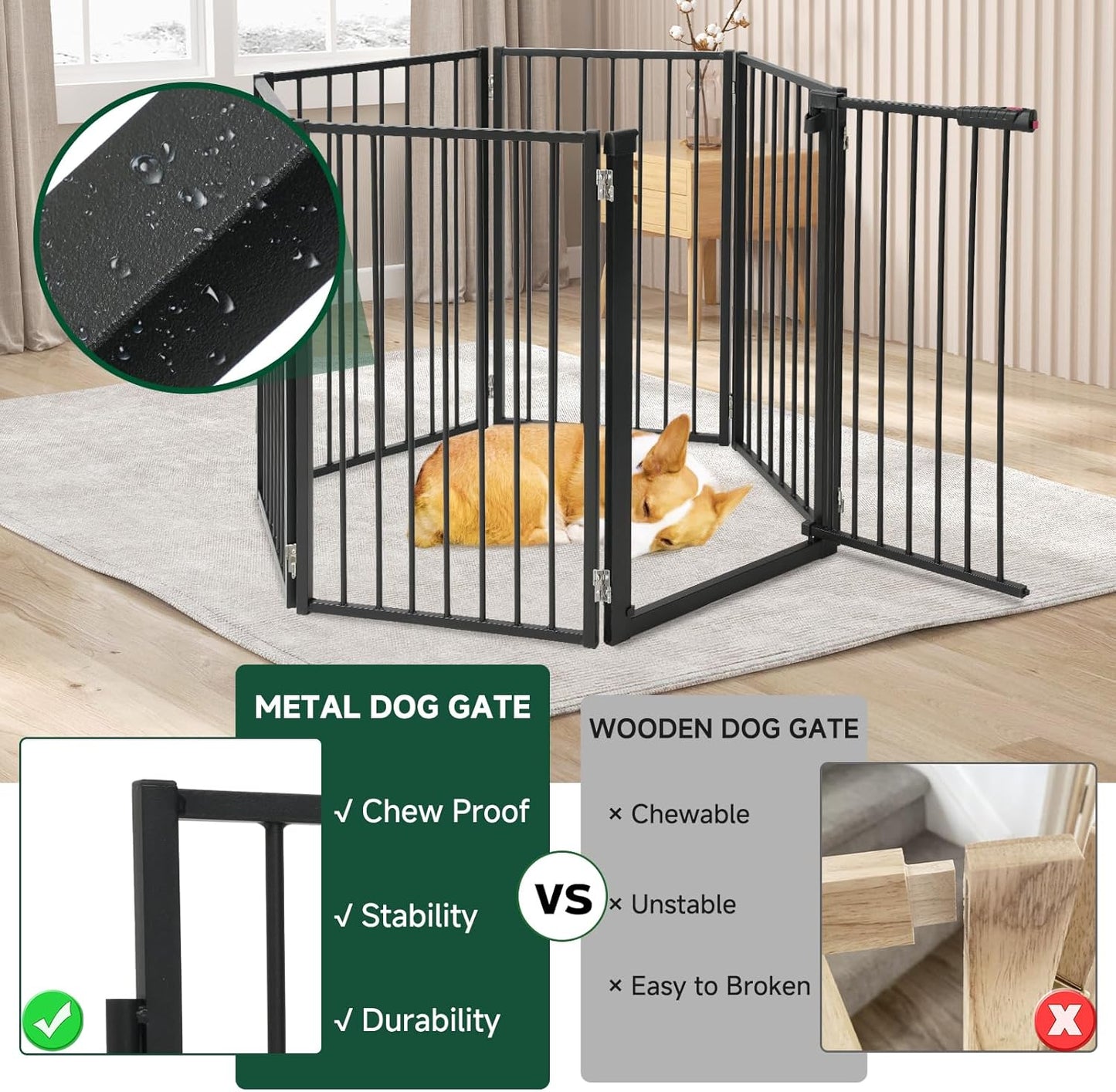 Snagle Paw Full Metal Freestanding Dog Gate,Indoor Dog Gate with Floor Protect Support Feet, 40x24 Inches Foldable Dogs Barrier for Stairs, Hallways and Doorways (24'' H 2 Panel, White
