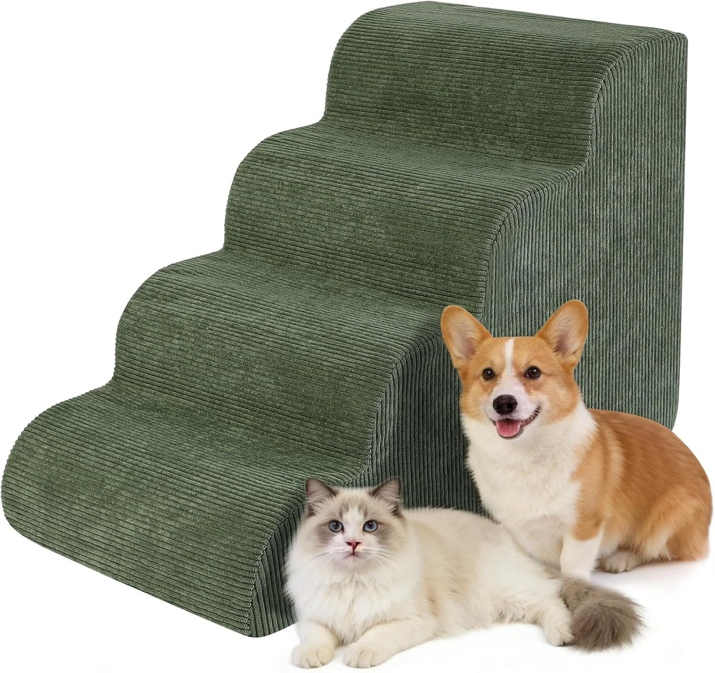 Dog Stairs for Bed 15" H, 3-Step Dog Ramp for Aged and Injured Dogs, Up to 50 Lbs Foam Pet Stairs for Small Dogs and Cats to Get on Couch or Chair, Non-Slip, Steady, Washable Cover, Green