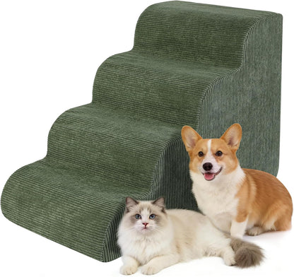 Dog Stairs for Bed 15" H, 3-Step Dog Ramp for Aged and Injured Dogs, Up to 50 Lbs Foam Pet Stairs for Small Dogs and Cats to Get on Couch or Chair, Non-Slip, Steady, Washable Cover, Green