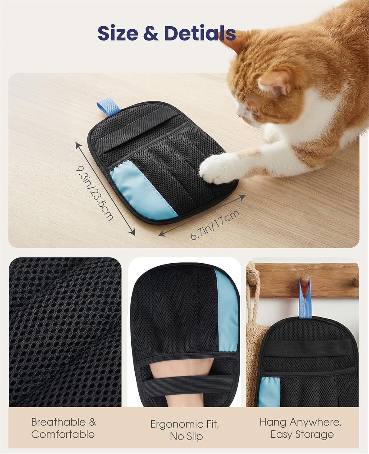 Rivalran Pet Hair Remover Glove for Dog & Cat, Reusable Electrostatic Magic Brush, Five-Finger Hair Removal Mitt for Cleaning Clothing, Bed, Couch, Carpet, and Car Seat Blue