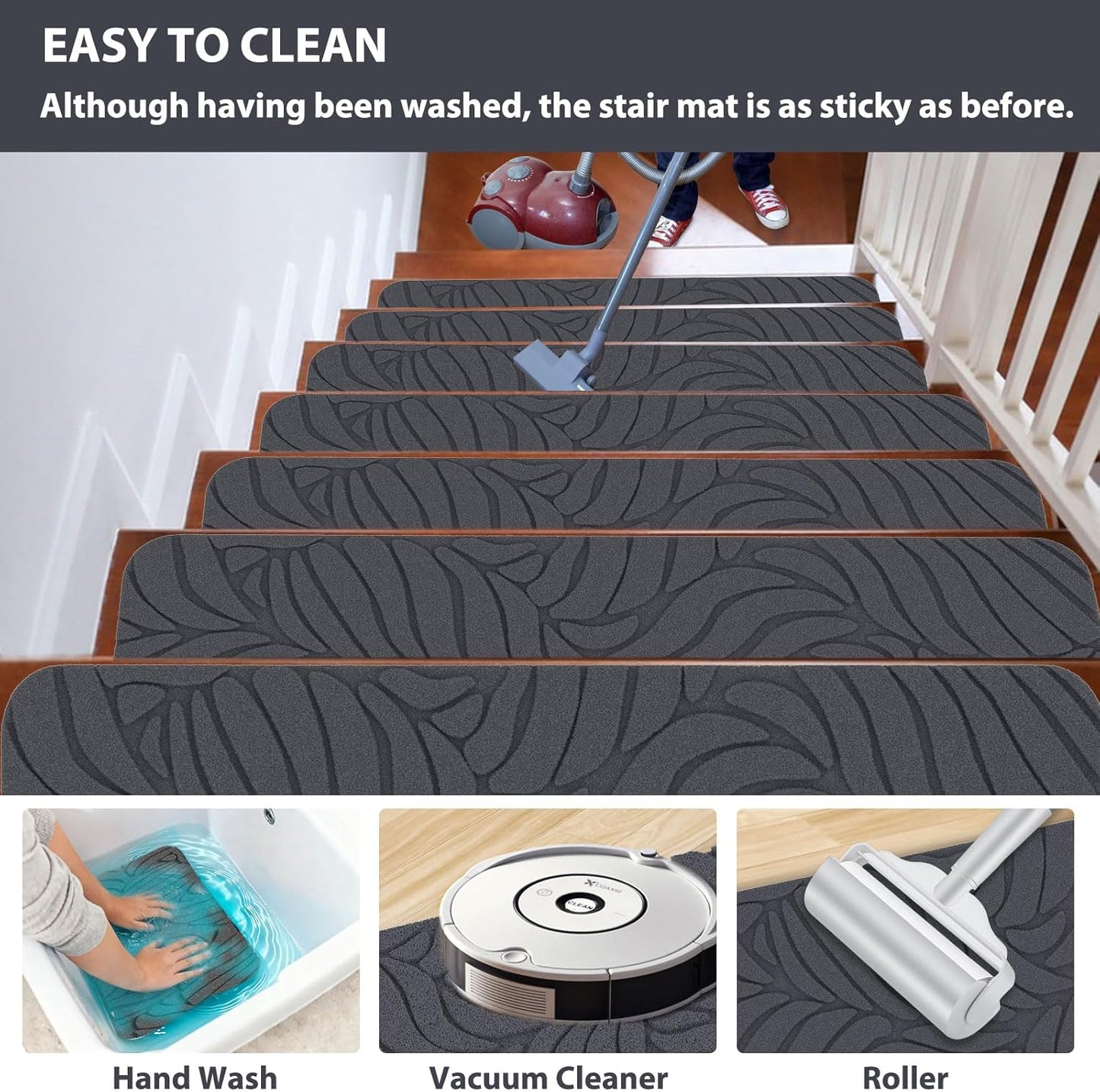 Fixmend Stair Treads Non Slip for Wooden Steps, 8" X 30" (15-Pack) Stair Runner Carpet Treads Indoor with Reusable Adhesive, Stairslide Carpets Rugs Safety Mats for Elders, Kids & Dogs, Dark Grey Leaf