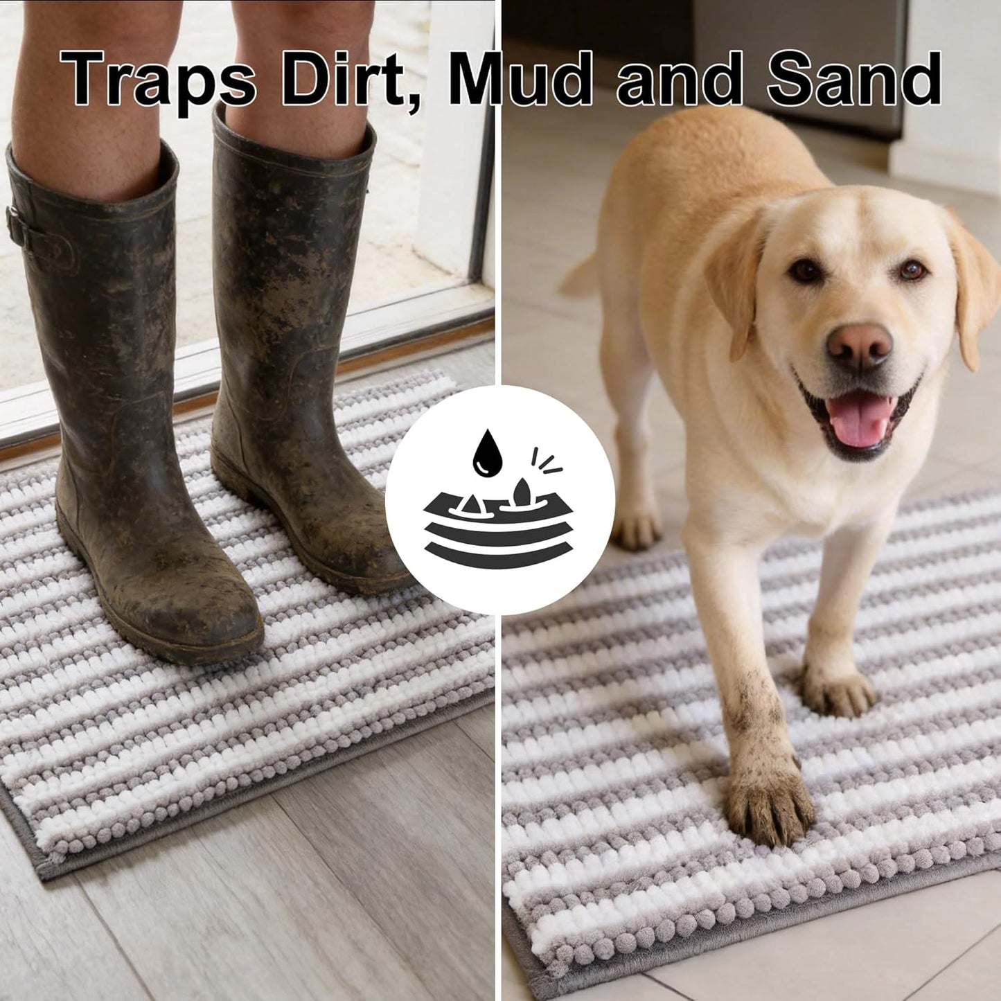 pobopobo Dog Door Mat for Muddy Paws - Absorbent & Washable Chenille Rug, Non-Slip Dirt Trapper for Indoor Outdoor Entryway, Quick Dry Pet Mat for Muddy Dogs (Striped Gray-Blue&White, 24" x 16")