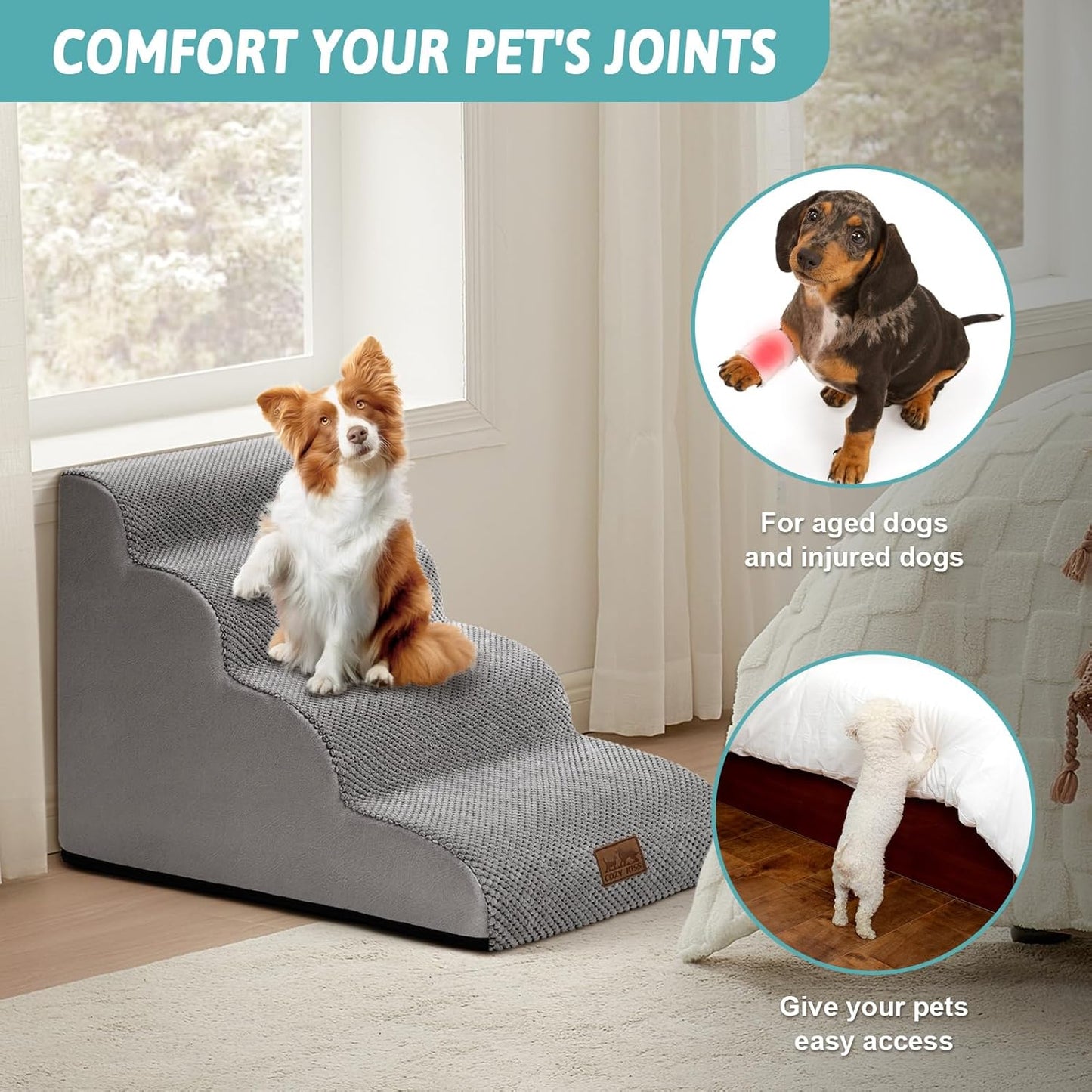 COZY KISS Dog Stairs for Small Dogs 15.7" H, Curved Dog Step for Puppy, Older Cat, Medium Pet Ramp for Sofa, Couch or Chair, Ladder with High Density Foam, 3 Step, 15.7x22.4x15.7 inch, Beige