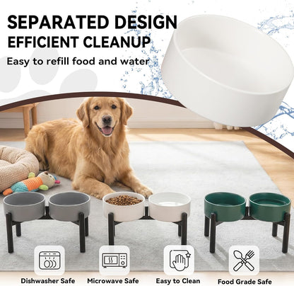 Raised Ceramic Dog Bowl Set - Elevated Double Dishes with Stainless Steel Stand - Food and Water Bowls for Small to Medium Dogs - Each Holds 3.5 Cups (29.57 fl oz) - White