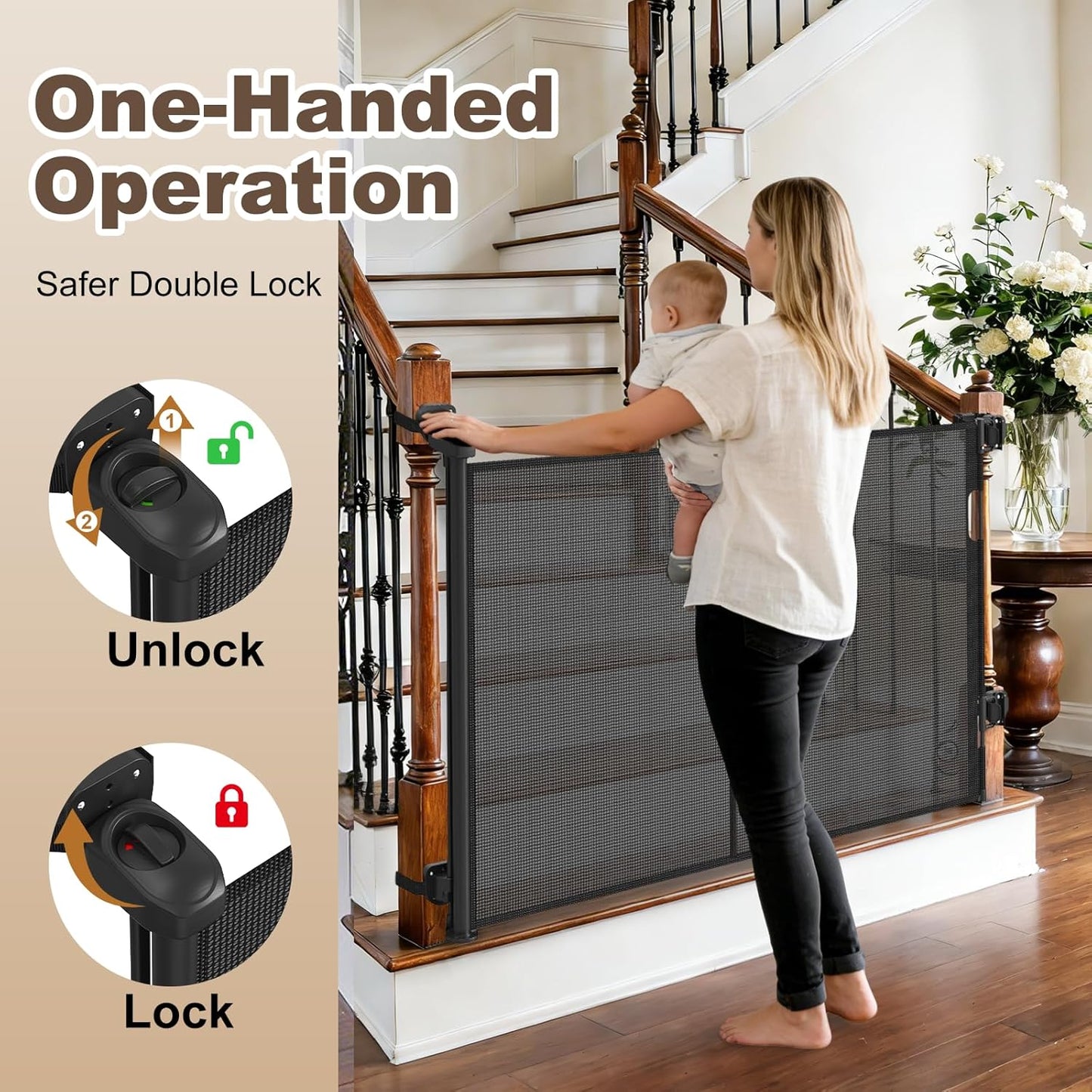 Upgraded Retractable Baby Gates for Stairs & Banister, Mesh Dog Gate Indoor, Extends to 55" Wide 33" Tall, Child Safety Gate for Stairway, Banister & Wall Mount (Gray)
