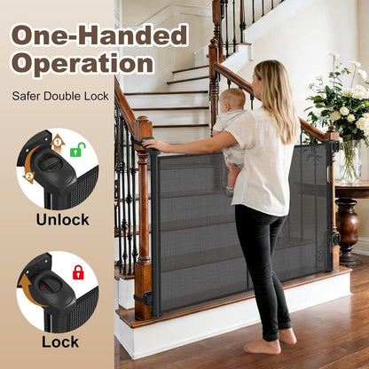 Upgraded Retractable Baby Gates for Stairs & Banister, Mesh Dog Gate Indoor, Extends to 55" Wide 33" Tall, Child Safety Gate for Stairway, Banister & Wall Mount (Gray)