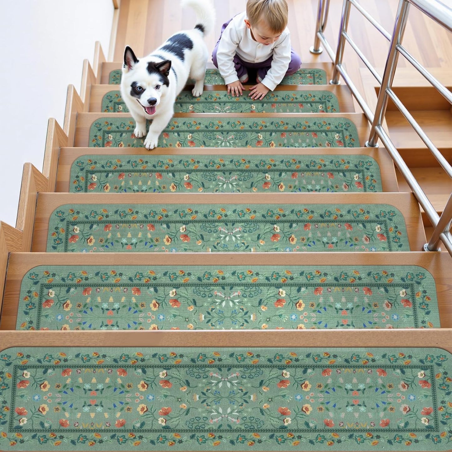 OJIA Floral Stair Treads Non-Slip Carpet Stair Treads for Wooden Steps Indoor 15PCS 30"x8" Stair Runner Stair Mats Staircase Step Treads for Kids, Elders and Dogs, Stair Covers, Black