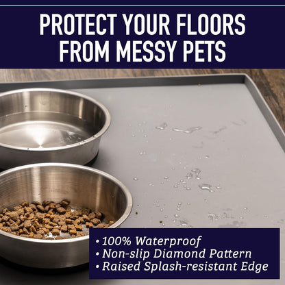 Leash Boss Dog Food Mat - Waterproof Cat & Dog Bowl Mat for Food and Water, Silicone Pet Feeding Mats for Floors, Non-Slip Placemat with High Edges, Puppy Essentials (Small: 18"x11", Navy)