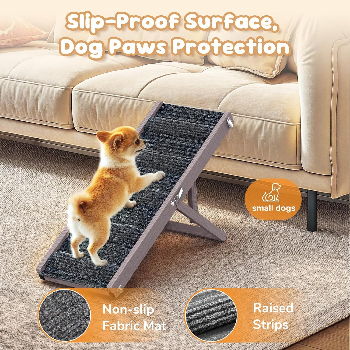 Pawaboo Foldable Dog Ramp, Small Dog Ramp for Couch, 4 Adjustable Height from 13'' to 21", Stable Pet Steps with Non-Slip Pad, Portable Pet Ramps Use for Couch Sofa Stairs, Wood