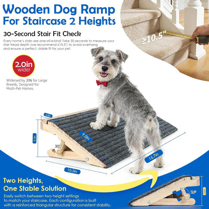 Dog Ramp for Stairs 2 Pack - Adjustable Solid Wood Foldable Indoor Pet Ramp for Senior & Injured Dogs, 2 Heights (4.2"/5.1"), Triangular Support & Non-Slip Carpet for Patio/Home, No Assembly (15.7"L)
